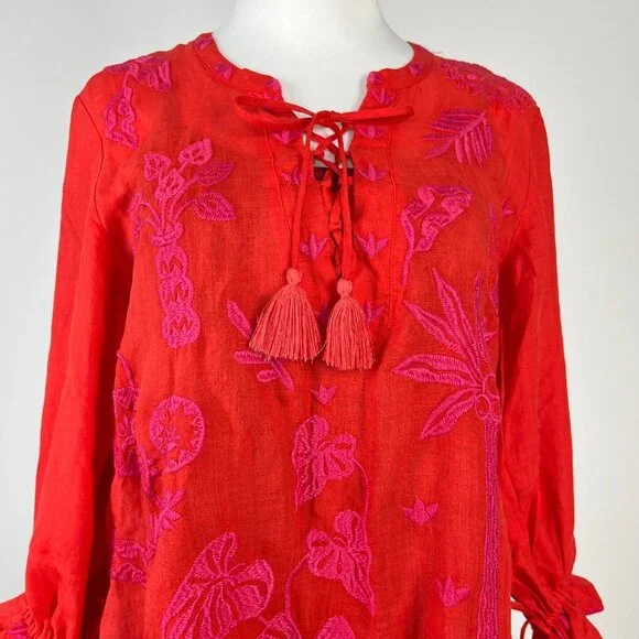 NWOT Johnny Was Ramie Embroidery Ruffles Red Luciana Tie Front Sleeve Dress XL